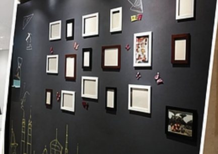 Magnetic display wall holding photo frames and notes