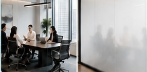 Meeting room glass with smart film shown clear and frosted