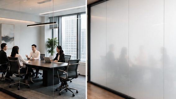 Meeting room glass shown clear on the left and frosted on the right with smart film