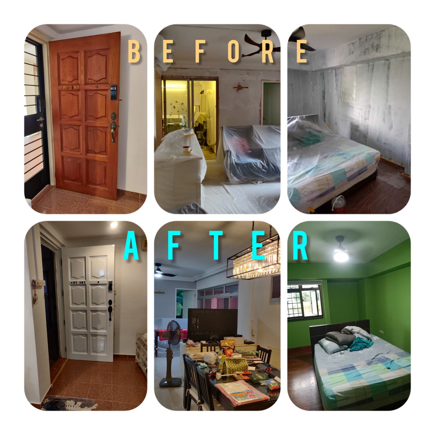 Before and after repainting of an HDB flat: main door, living room and bedroom