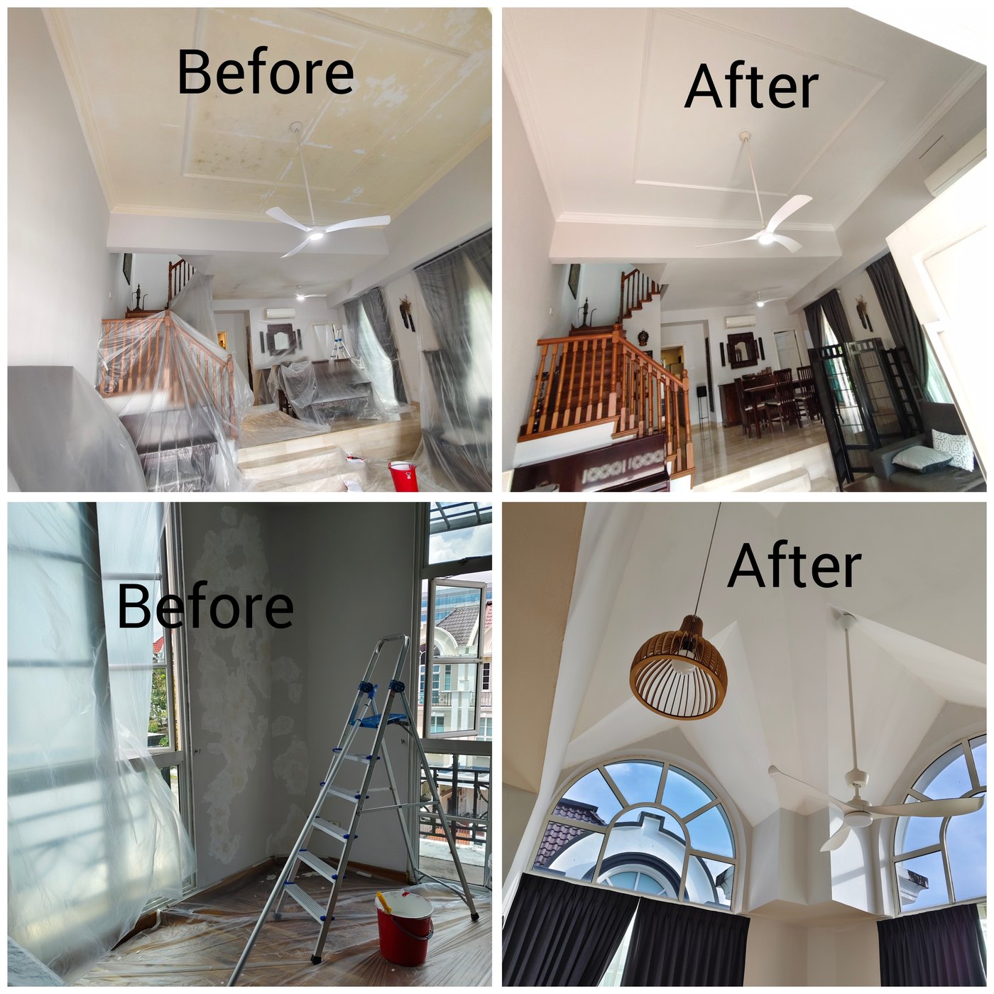 Before and after repainting of ceilings and high walls in a landed home